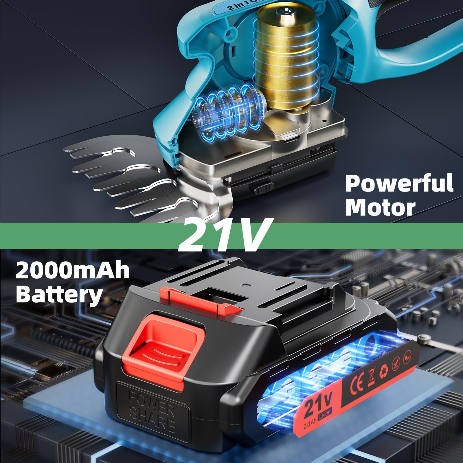 Cortasetos y Cortacésped a Batería 21V, 3.0Ah esculpida setos y tamaño de Hierbas inalámbricas | Cuchillas 22cm & 13cm | Compatible con Baterías de Iones de Litio de 18V Comunes (BL1830 BL1850B)