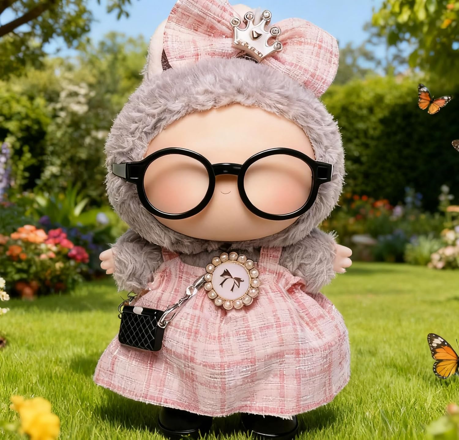 17cm Doll Clothes for Labubu, Clothing Outfits & Accessories Set, Dress Up Outfit for Labubu Doll with Purse Shoes Glasses (Pink Dress Set)