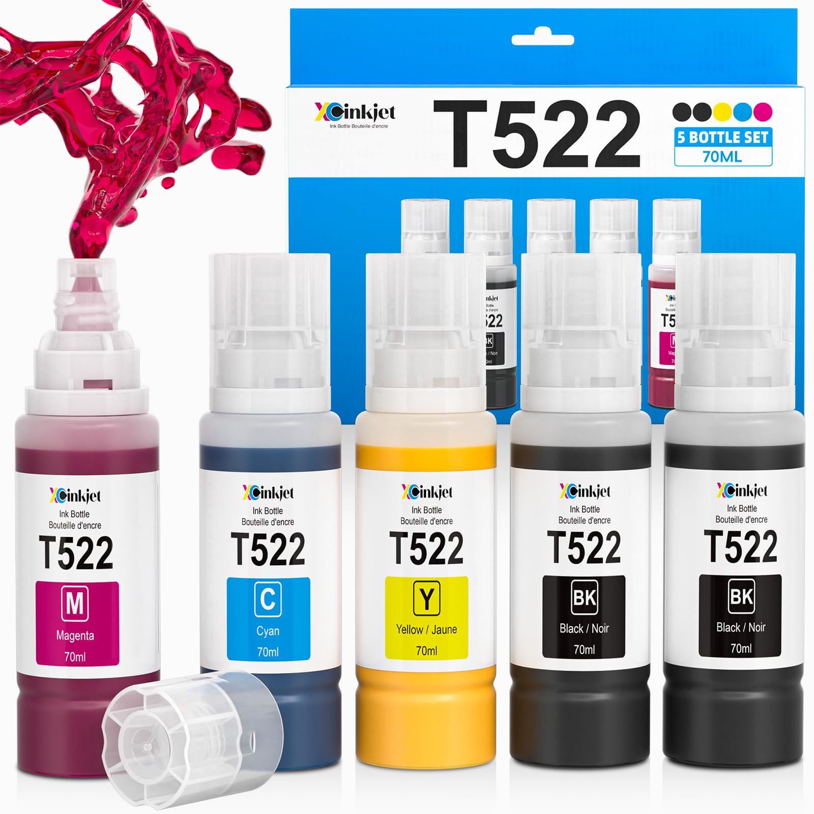 T502 T522 Ink Refill Bottles Replacement for ET-2800 ET-2803 ET-2850 ET-3850 ET-2720 ET-4800 ET-15000 ET-2400 ET-2840 ET-4700 ET-4810 ET-4850 T522 T502 Eco Tank Printer (2BK C M Y)