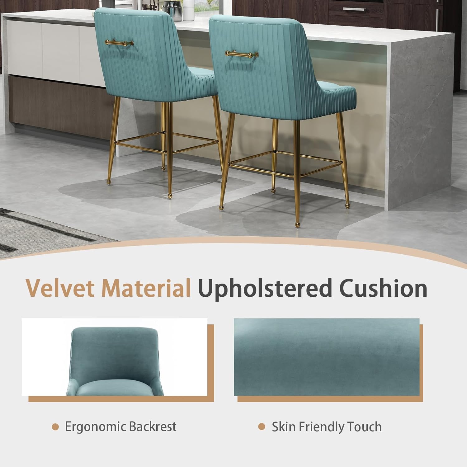 26” Velvet Counter Height Bar Stools Set of 2,Upholstered bar Chair Gold Bar Stools with Back, Beige Island Chairs with Gold Chrome Plated Metal Leg,Barstools for Kitchen Counter