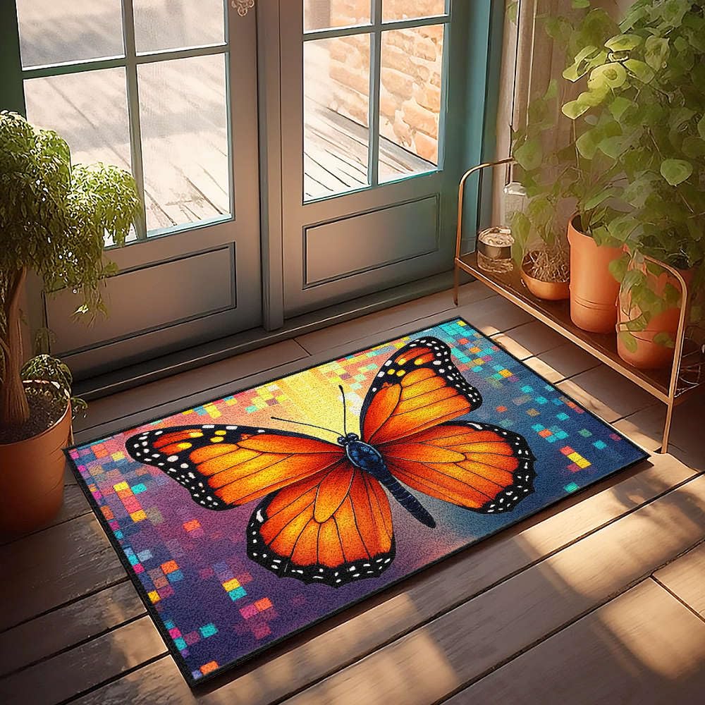 Tapis de bain de ferme mosaïque colorée avec motif papillon vibrant