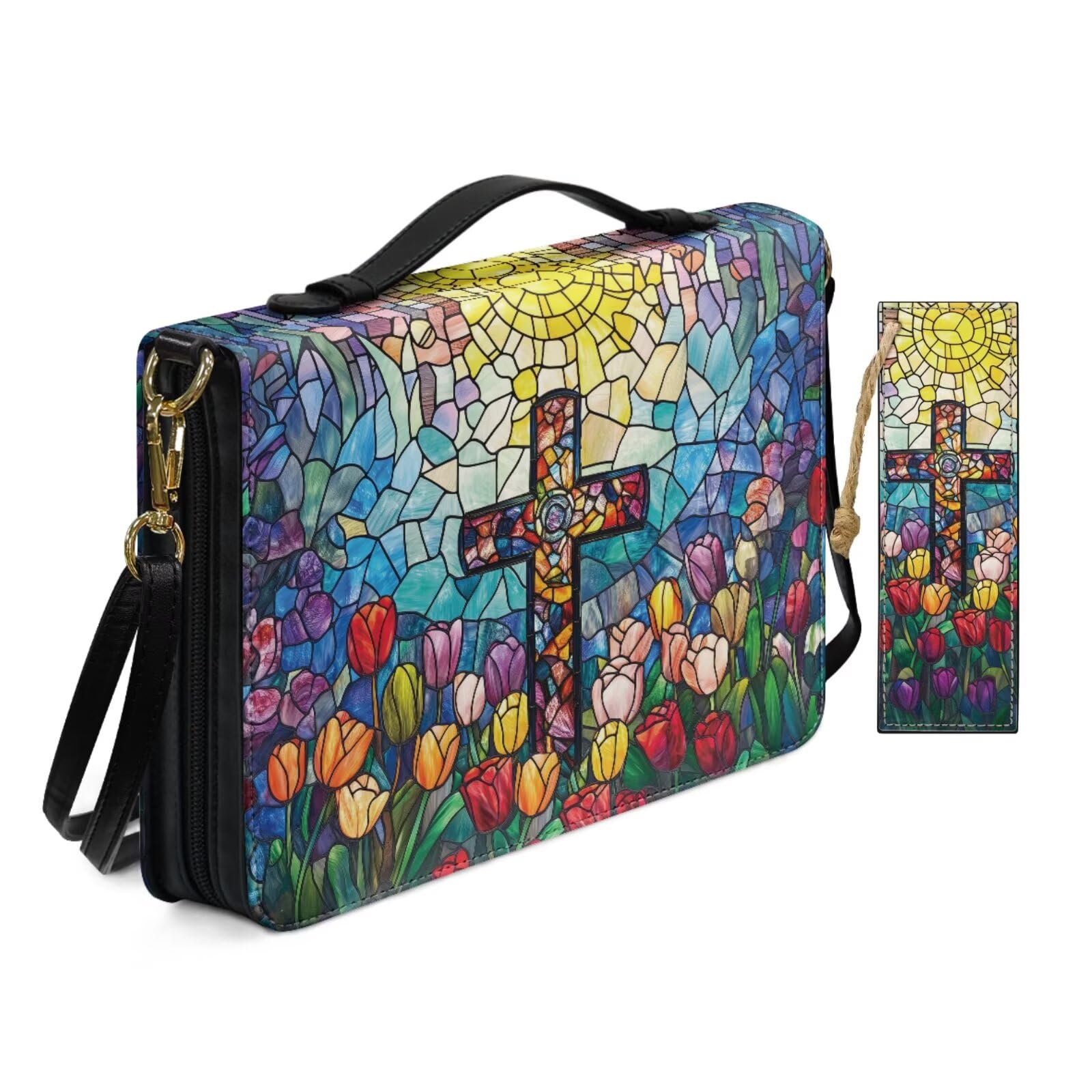 PU Leather Adjustable Shoulder Strap Bible Bags for Women Stained Glass Style Tulip Cross Bible Case with Bookmark Crossbody Handle Blue Book Case Pockets Zippered Church Bag