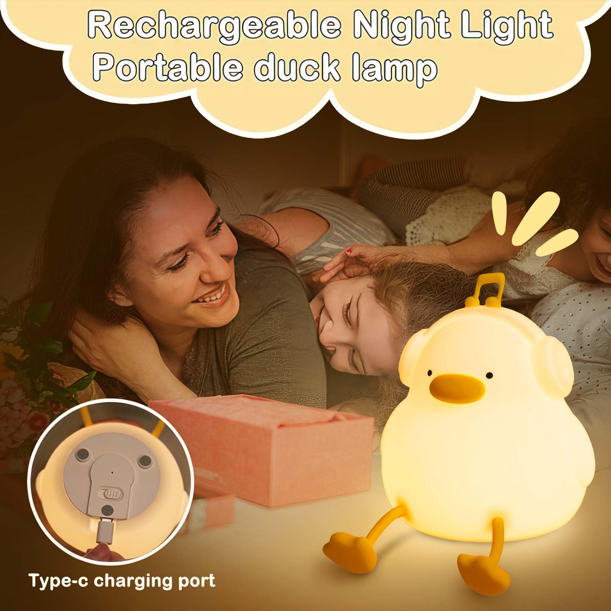 Luz nocturna de pato, luz nocturna de silicona blanda para guardería de bebé con temporizador de 30 minutos, bonita lámpara de cabecera recargable con control táctil para dormitorios de