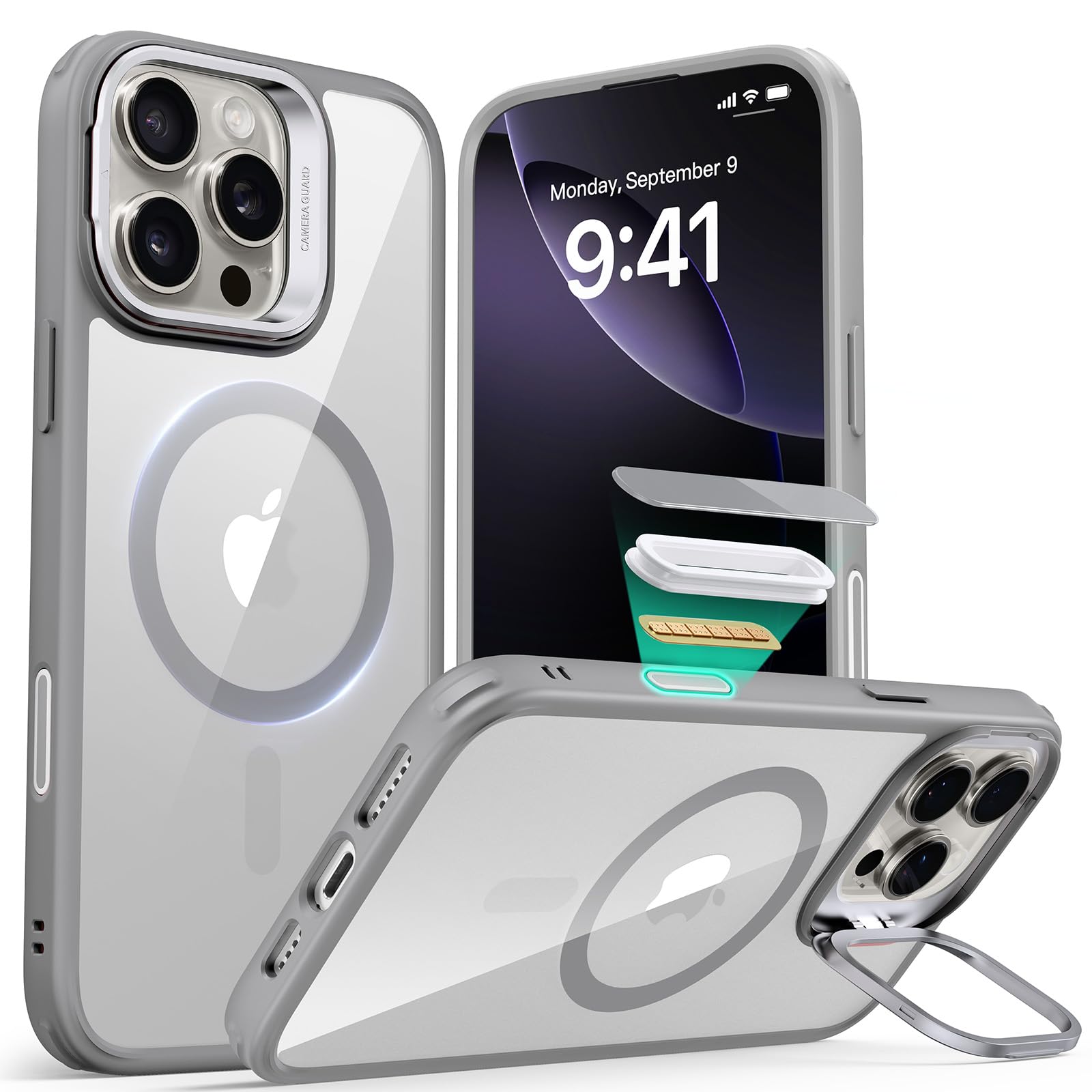 ESR for iPhone 16 Pro Max Case, Compatible with MagSafe, Built-in Stash Stand Phone Case, Military-Grade Protective Case, Scratch-Resistant Back Cover, Classic Series, Clear Grey
