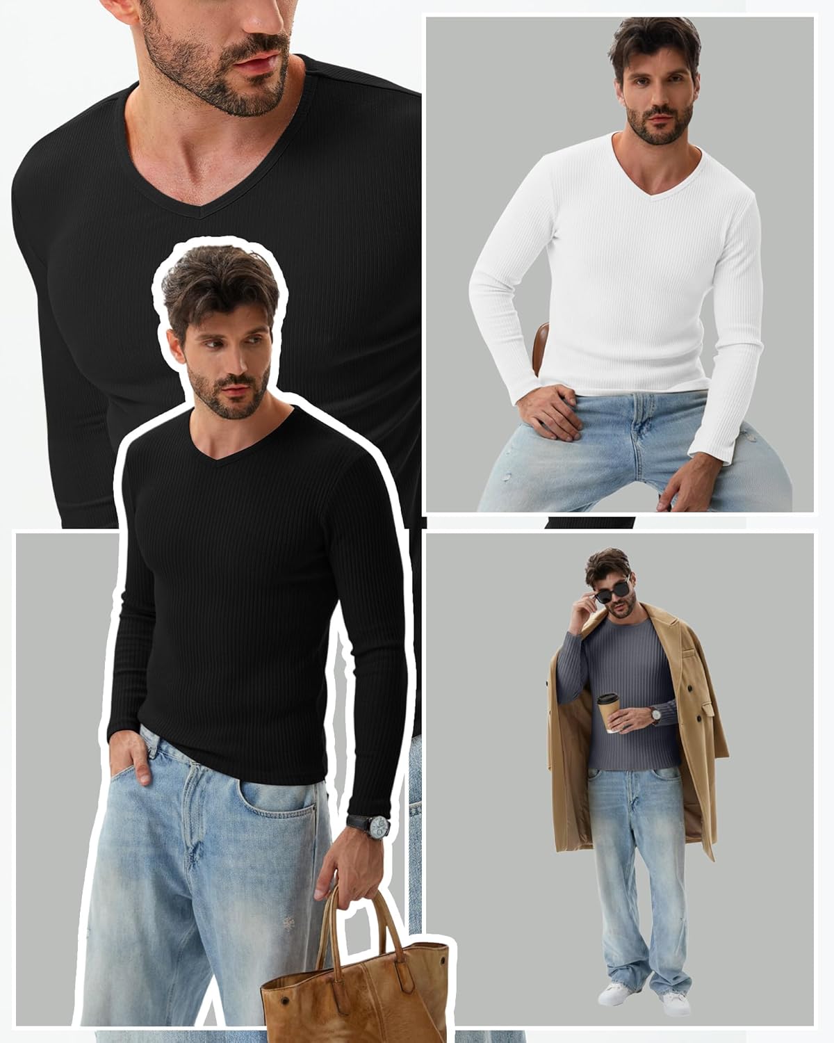 5 Pack Men's Ribbed Thermal Shirts Cotton Long Sleeve V Neck Tops Slim Fit Pullover Undershirt Winter Base Layer - Image 5
