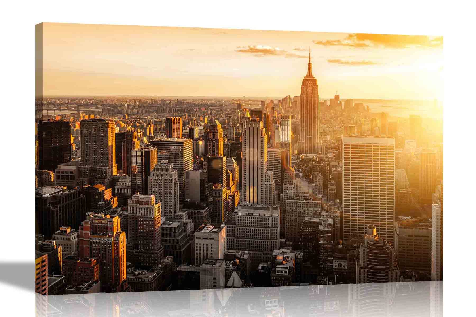 Artley Prints Multicoloured New York City Skyscrapers At Dusk Canvas Wall Art Pictures Stretched And Framed Cityscape Prints Home Office Bedroom Photos 86 X 61Cm (34 X 24 Inches) A1