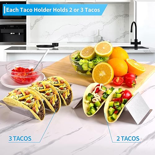 Miniatura 6 de Juego de 12 soportes para tacos de acero inoxidable, cada soporte de metal para 3 tacos - Estante para tacos con asas - Elegantes soportes para