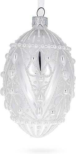 Miniatura 6 de Gotas perladas en huevo de vidrio blanco adorno de Navidad 4 pulgadas