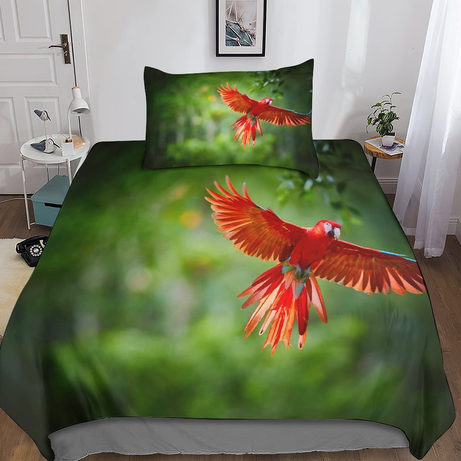 Housse de couette perroquet 3D microfibre anti-décoloration lit simple