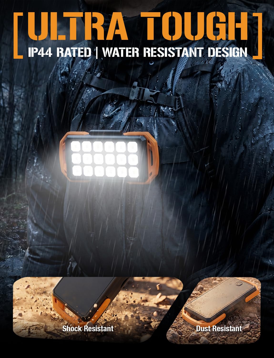 ToughTested Cargador portátil de energía solar dual de 10.000 mAh, batería externa IP65 impermeable y linterna LED de 18
