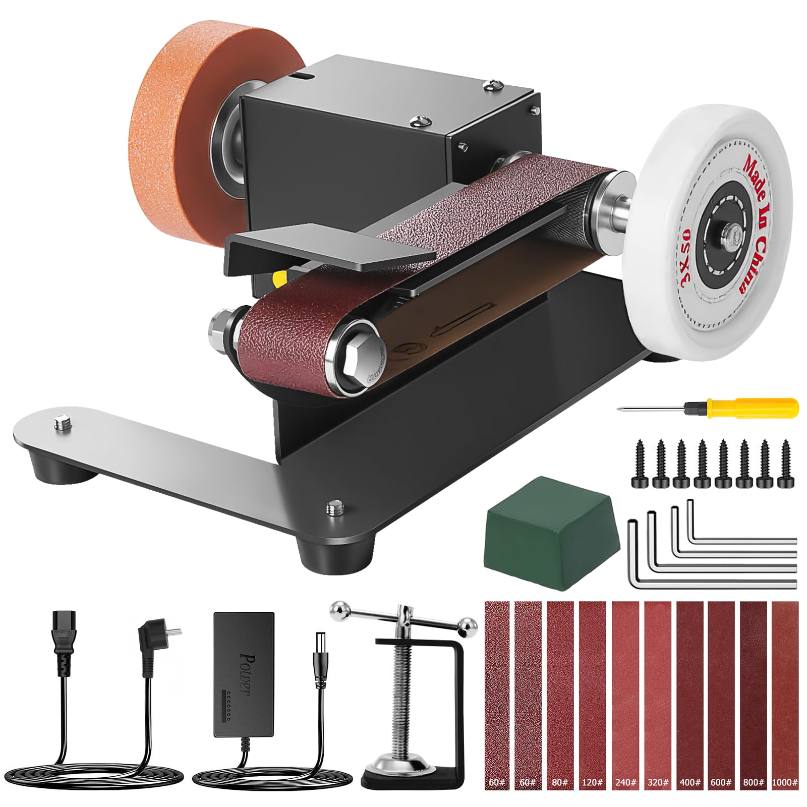 Mini Bandschleifer, 350W Elektrischer Bandschleifer, 7-Stufig Verstellbarer Polierer, DIY Polierschleifmaschine mit 10 Schleifbänder Geliefert, Schleifscheibe und Polierscheibe zum Polieren von Holz
