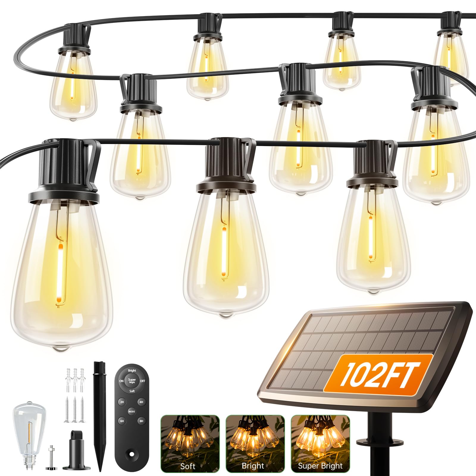 View 1 of [MISSING BULBS] addlon 102FT(96+6) Solar String Lights Outdoor with Remote, Last 30+ Hrs