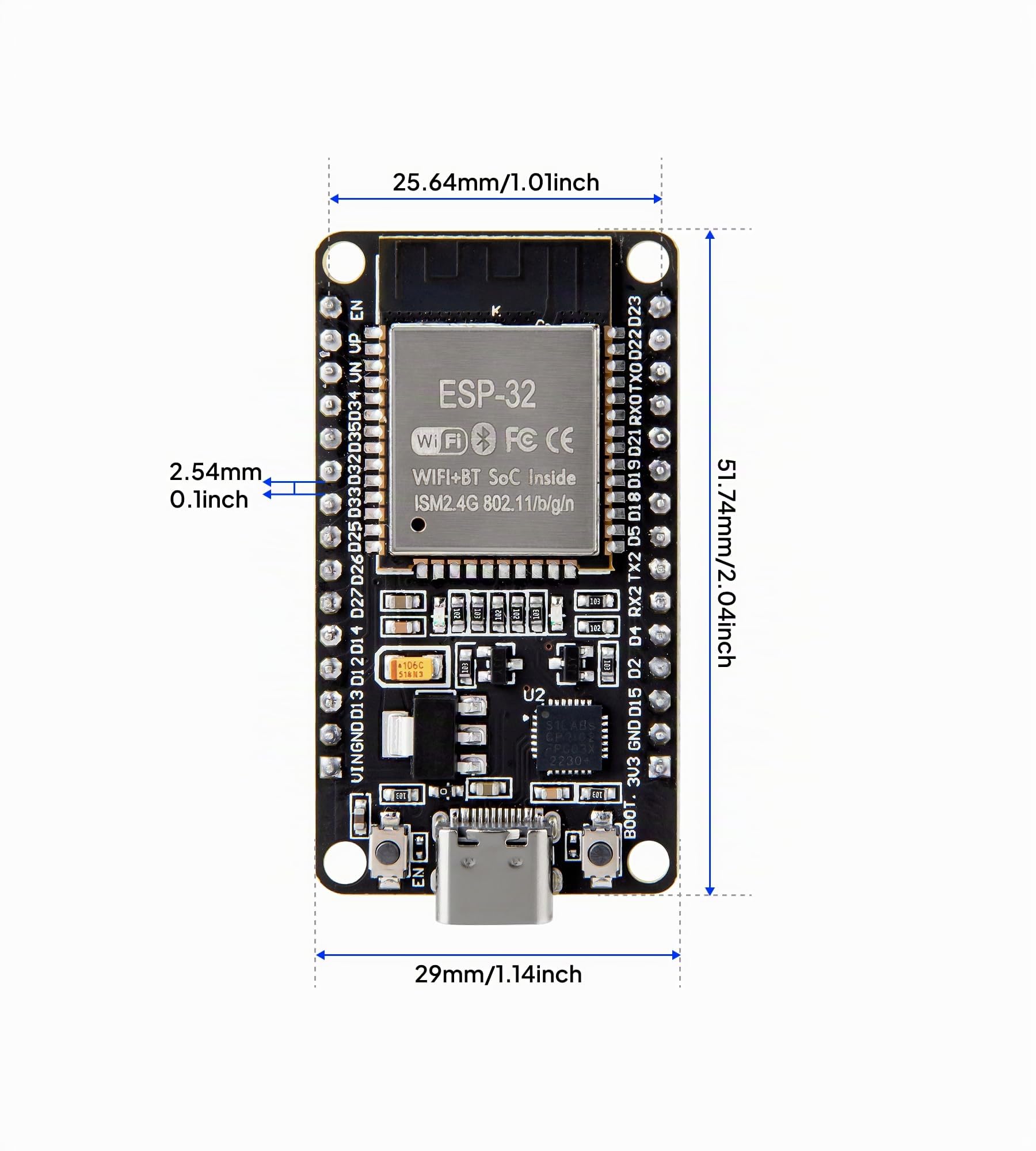 ELEGOO Scheda di Sviluppo ESP-32 3 Pezzi USB C, 2.4GHz Dual Mode WIFI+Bluetooth Microcontrollore Supporto Arduino, MicroPython, NodeMCU