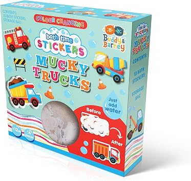Buddy & Barney Colour Changing Bath Stickers Mucky Trucks - bath toys for baby, easy and interactive, magic bath toy, babies and toddlers, unisex, colour changing, no mess, storage included