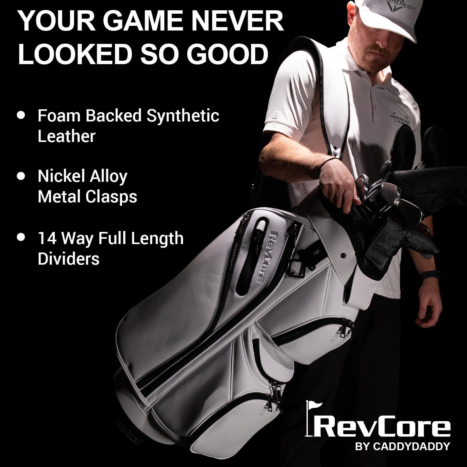 REVCORE Luxury Golf Cart Bag, Premium Synthetic Leather, 14 Way Dividers, Black Alloy Hardware, 9 Pockets w/2 Insulated Cooler Pockets, 2 Felt-Lined Valuable & Oversized Putter Well & Rain Hood