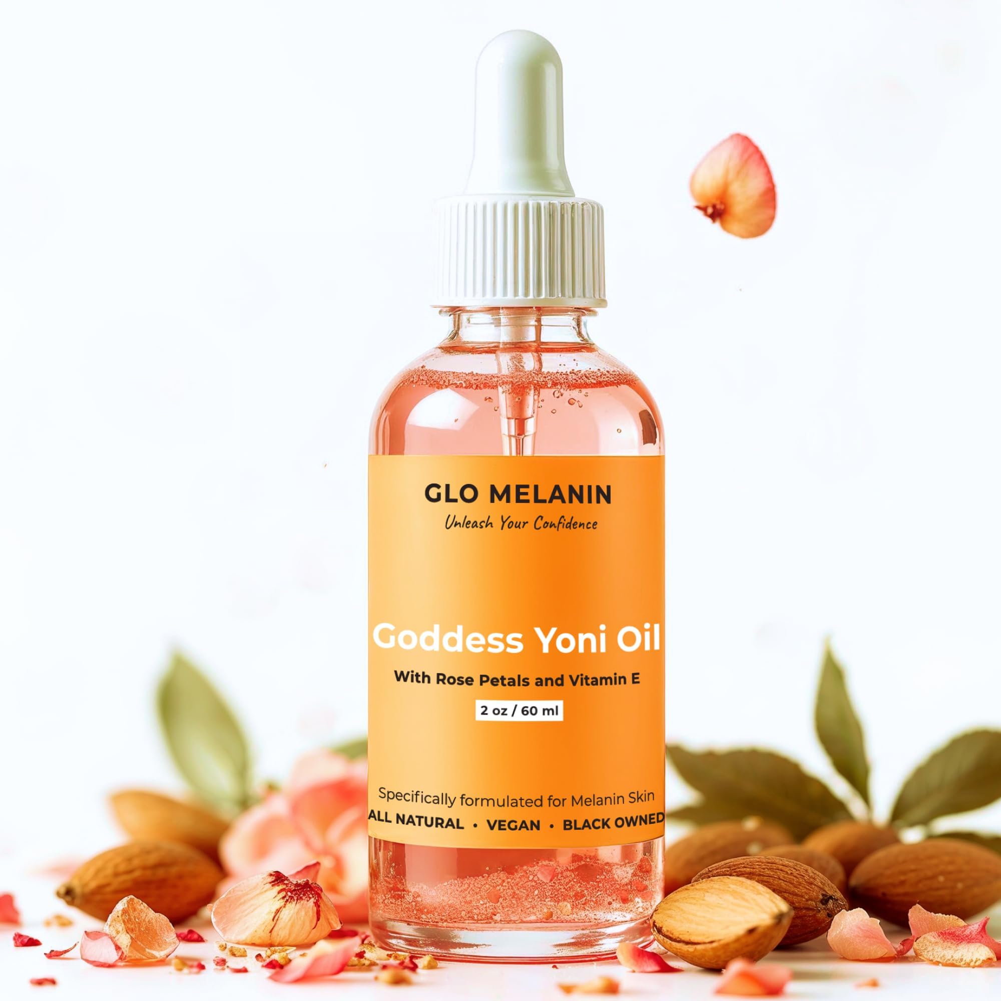 Glo Melanin Yoni Oil for Women pH Balance and Wetness, l Oil or Feminine Oil for Ingrown Hair with Rose Petals, Almond Oil, Vitamin E Jojoba Oil Herbal Blend for Yoni Care (2 oz / 60ml)