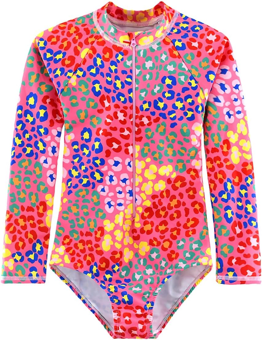 Girls Long Sleeve Swimsuit One Piece Bathing Suit Zipper UPF 50+ Rash Guard Swimwear Size 3-12T