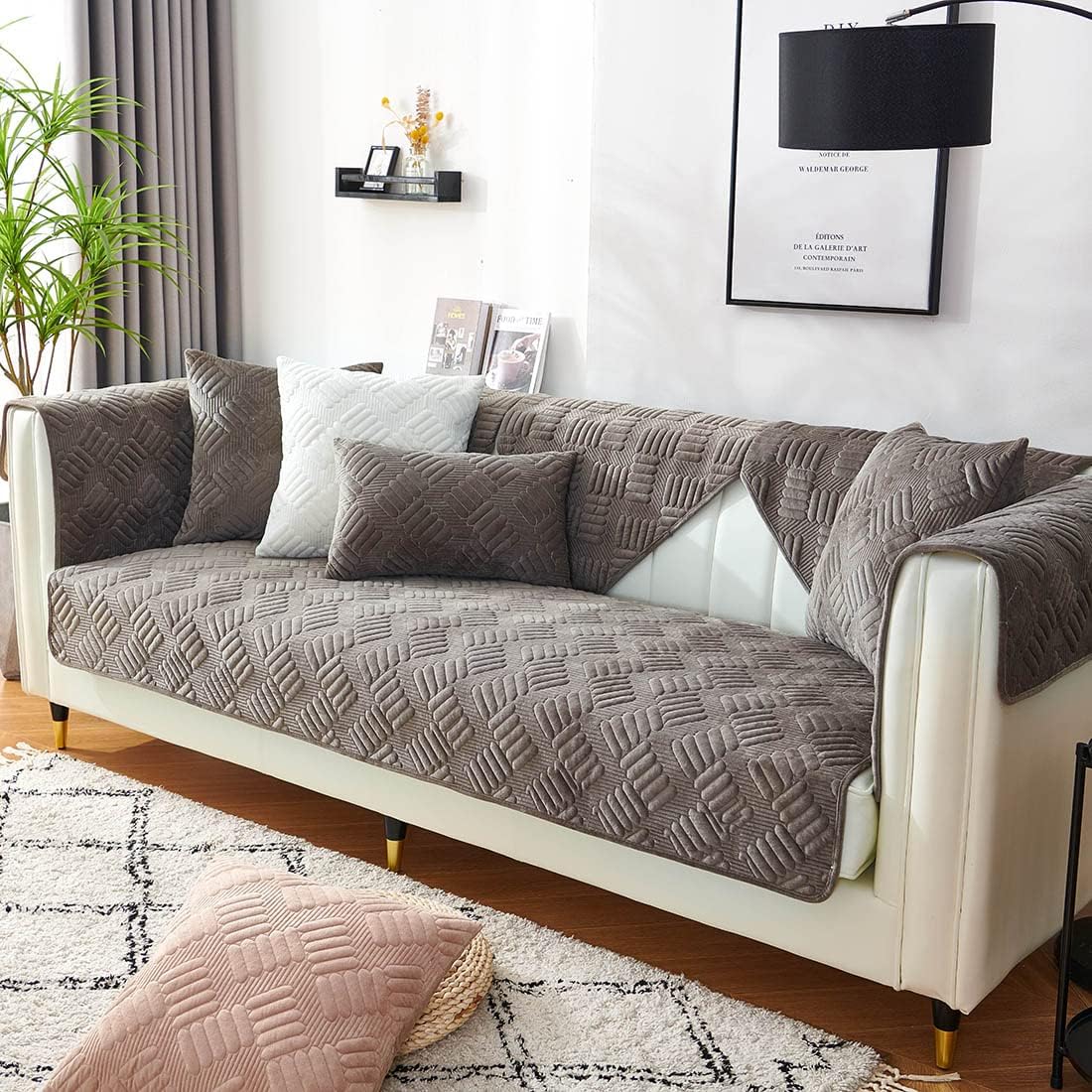 vctops Farmhouse Velvet Sofa Cover Non Slip Quilted Couch Cover Super Soft Solid Sofa Slipcover Geometric Warm L Shaped Couch Covers for Dogs, Children, Pets (Brown,43"x43")