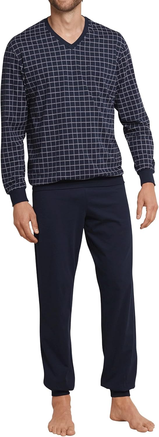 Schiesser Comfort Essentials Pigiama Lungo Uomo Con Polsini - Blu Notte Con Top Scozzese, Cotone Morbido, Vestibilità Comoda - 2