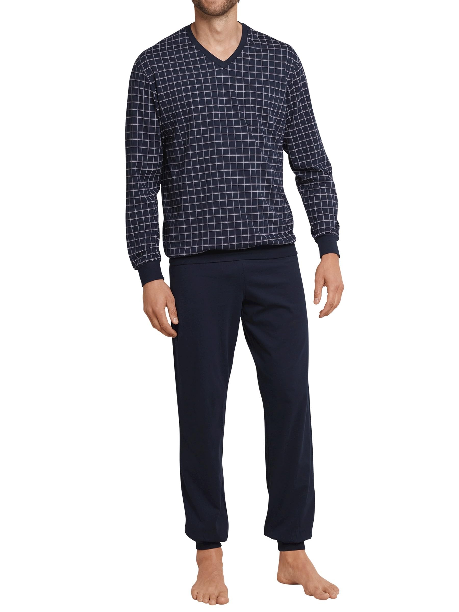 Schiesser Men's Long Pyjamas with Cuffs Nightwear Set, Dark Blue, S/48