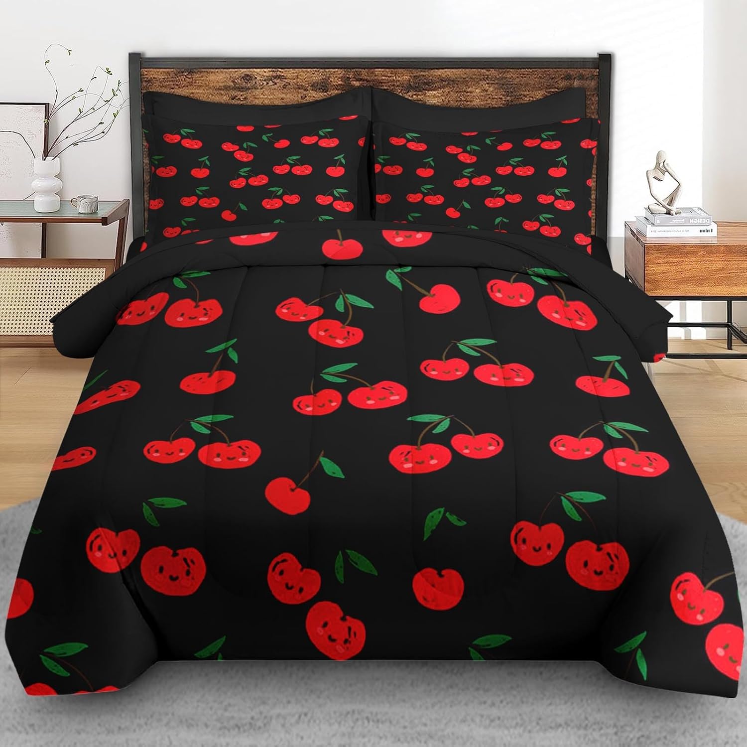 Comforter Set Queen Size, Cute Cartoon Cherry 7 Pcs Bedding for Kids and Adults, Red Sweet Fruit Bed Sheet Sets with Fitted Sheet 2 Pillowcases & 2 Shams for Bedroom Bed Decor - Image 3