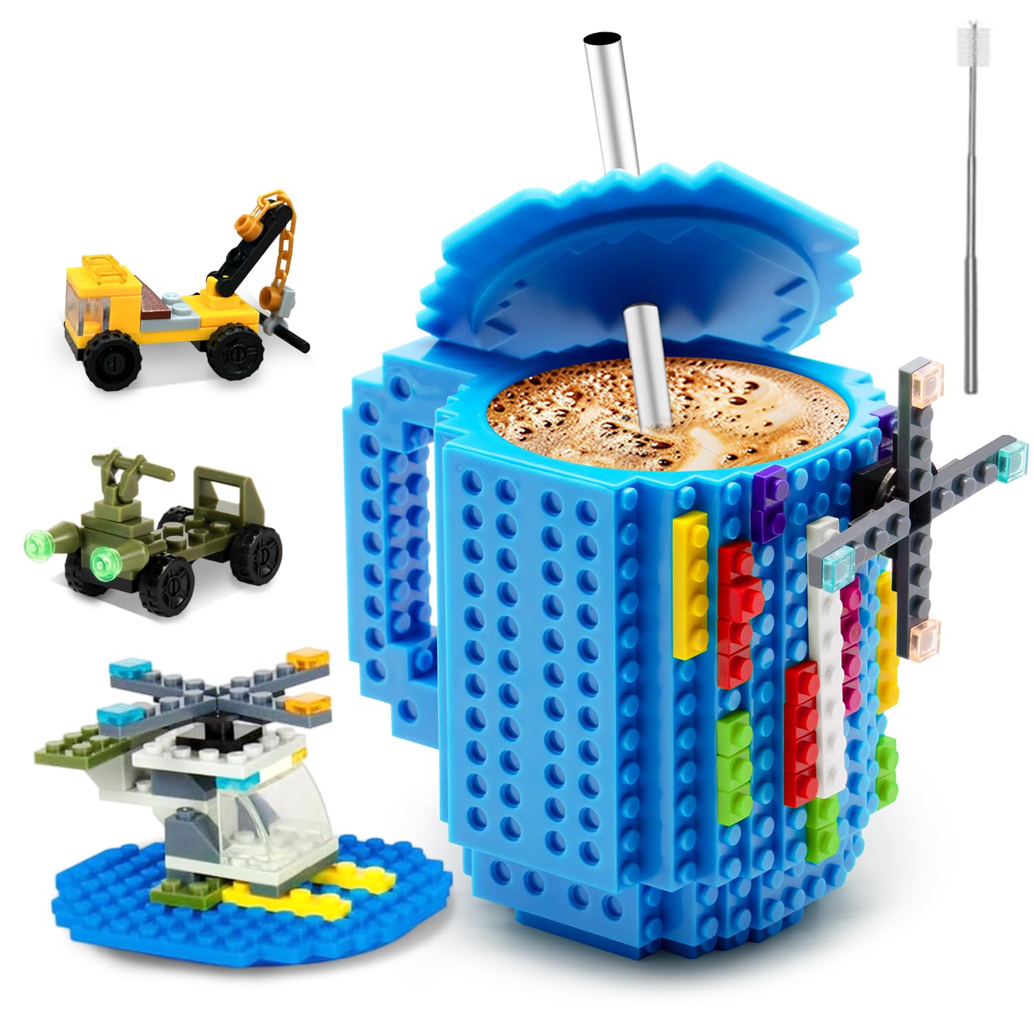 FUBARBAR Brick Coffee Mug – Funny Novelty Cup with Lid & Straw, Building Block Toy Mug, Gift Idea for Men/Women/Kids (Blue)