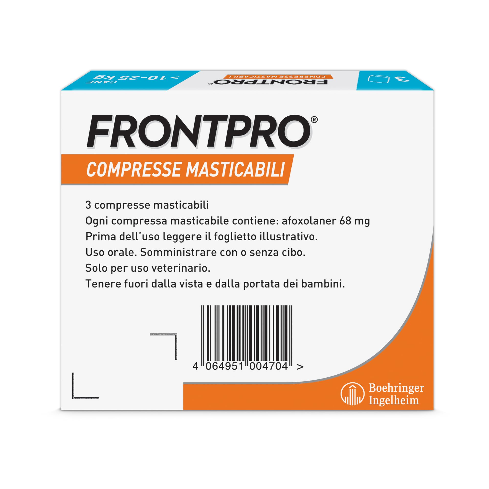 FRONTPRO 3 Compresse Masticabili Antiparassitario per Cani di Peso > 10-25 kg Protegge da Pulci e Zecche, Antipulci in Confezione da 3 Compresse da 68 mg di Afoxolaner, 10kg-25kg