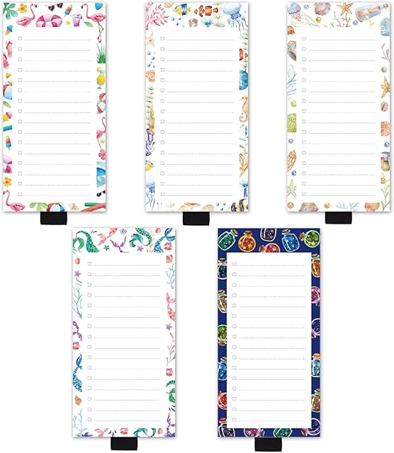5 Pack Full Magnetic Sea Beach Mermaid Vacation Notepads for Fridge with Pen Holder, 6" x 3", 50 Sheets, Magnet Memo Pad for Fridge, Locker, File Cabinet, to Do List, Grocery Shopping
