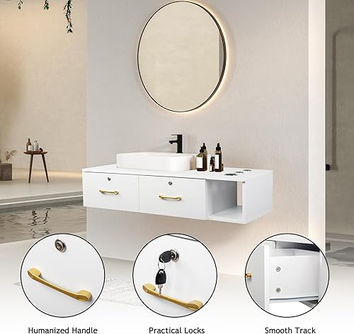 Miniatura 7 de Cffuvros Armario de salón montado en la pared con 2 cajones con cerradura, estación de peluquería con 3 soportes para herramientas, muebles de salón