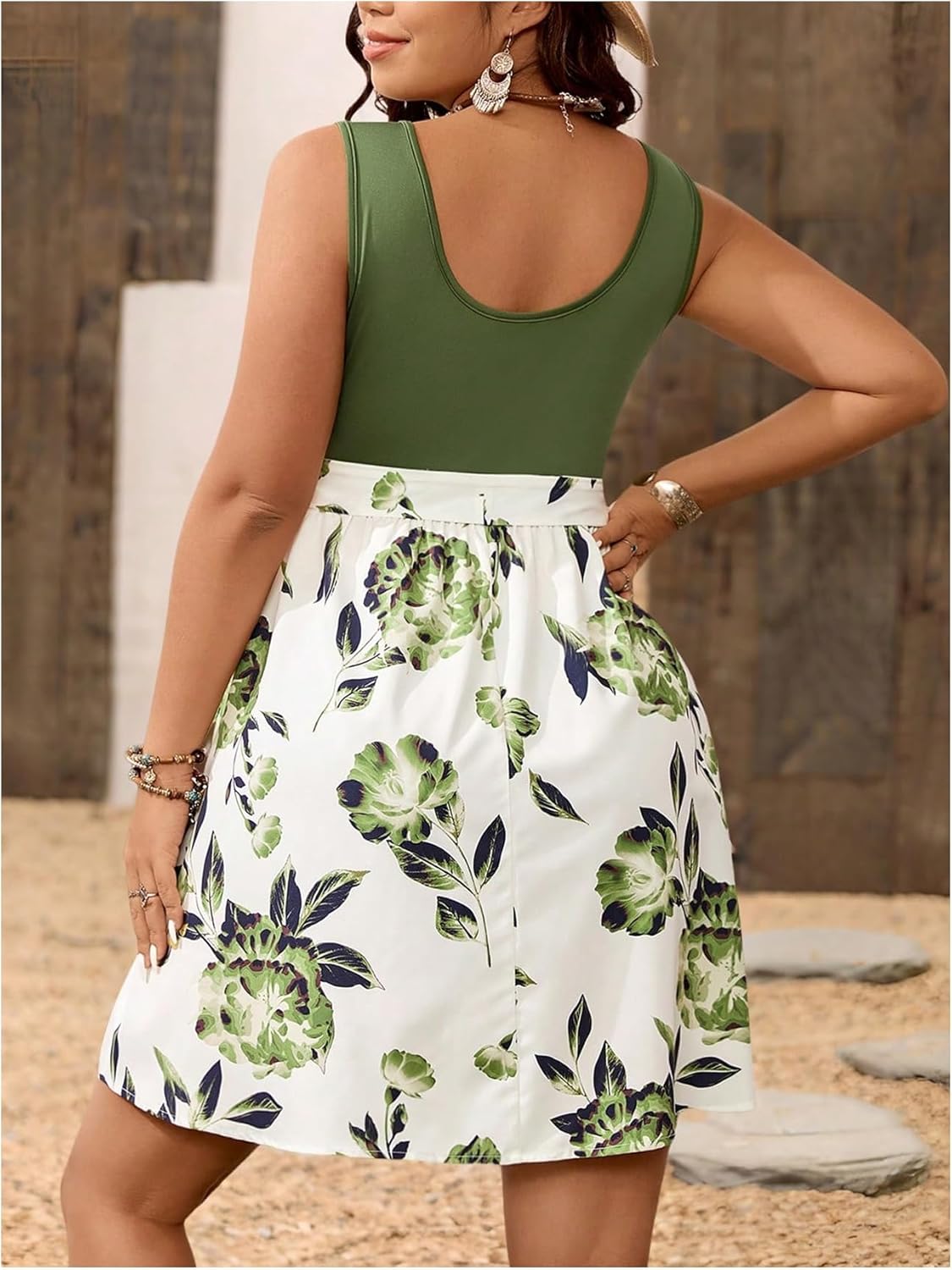 SOLY HUX Women's Plus Size Floral Tank Dress Sleeveless Square Neck A Line Flowy Belted Summer Short Dresses - Image 2