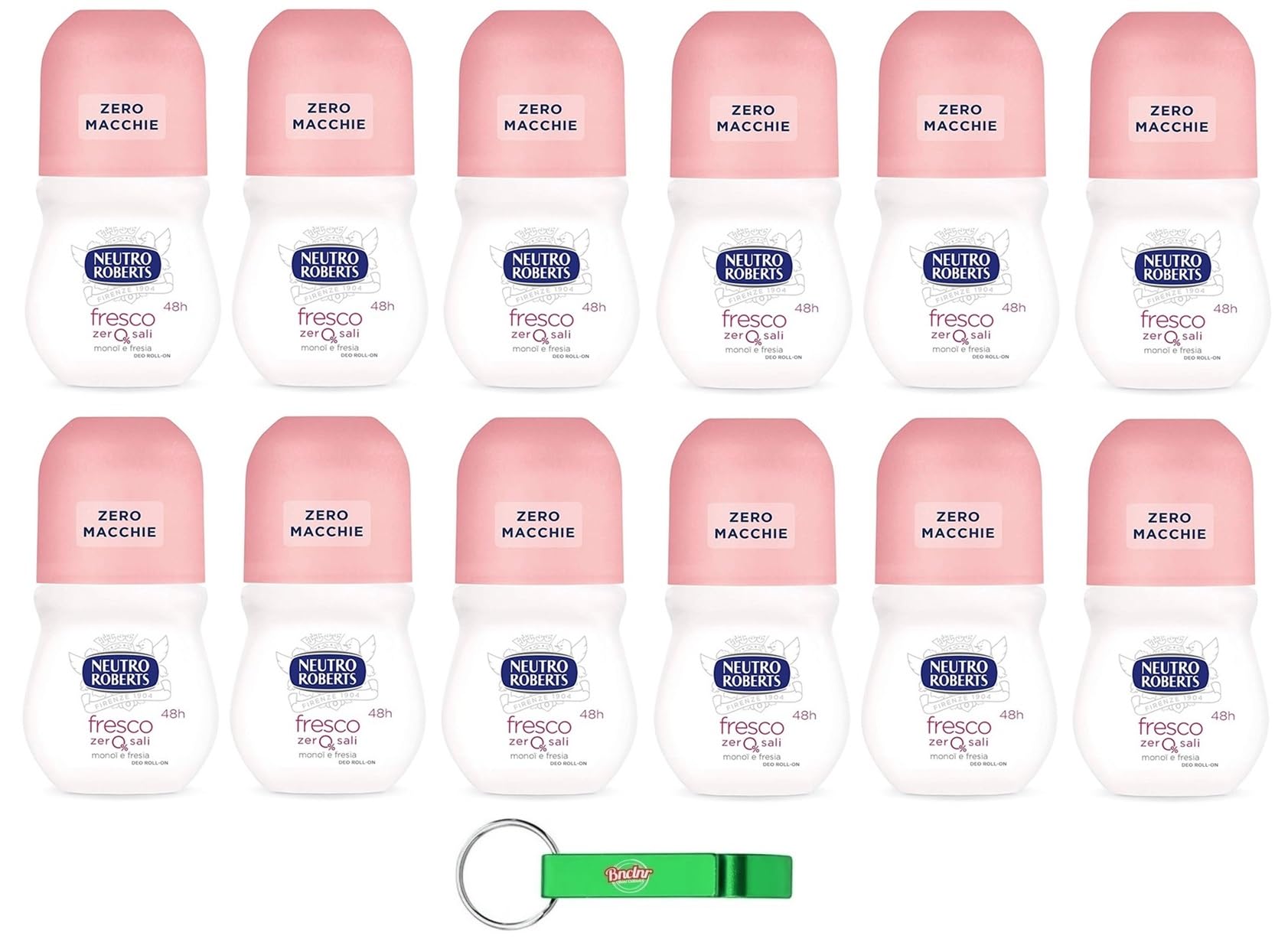 12x Neutro Roberts, Deodorante Roll On Fresco, Ohne Aluminiumsalze, Keine Flecken,Duft aus Monoi und Freesie, Deodorant Unisex,50ml + Beni Culinari Kostenloser Schlüsselanhänger