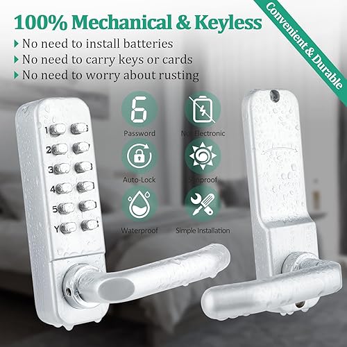 Miniatura 2 de Cerradura de puerta de entrada sin llave 100% mecánica con perilla de puerta de teclado, cerradura de puerta con teclado impermeable, cerradura de