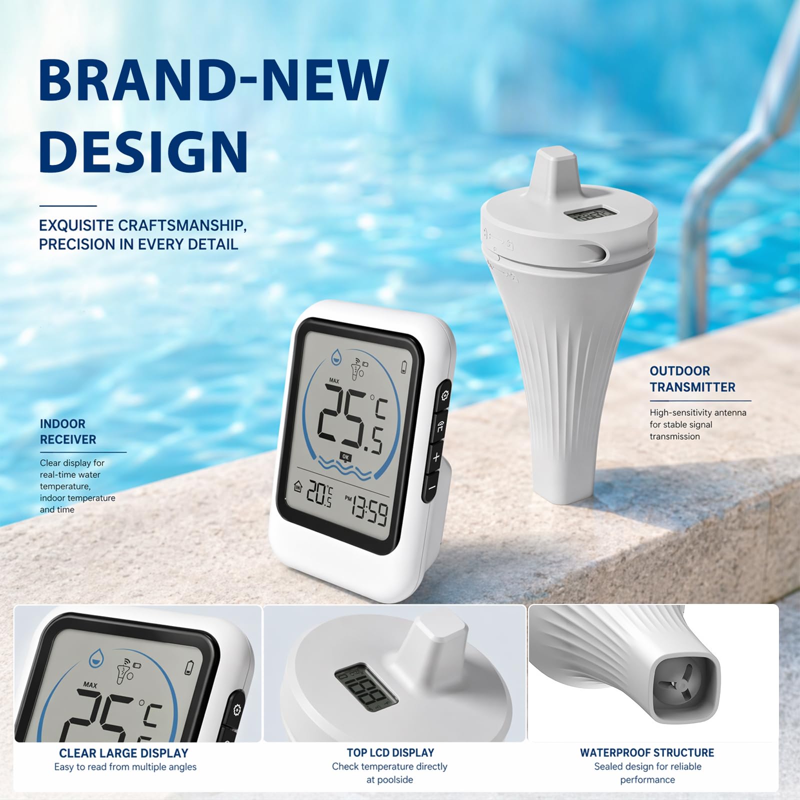Poolthermometer Digital Funk, IP68 Wasserdichtes Schwimmendes Pool Thermometer mit LCD Display, Kabelloses Wasserthermometer für Pools, Aquarien, Teiche und Badewannen