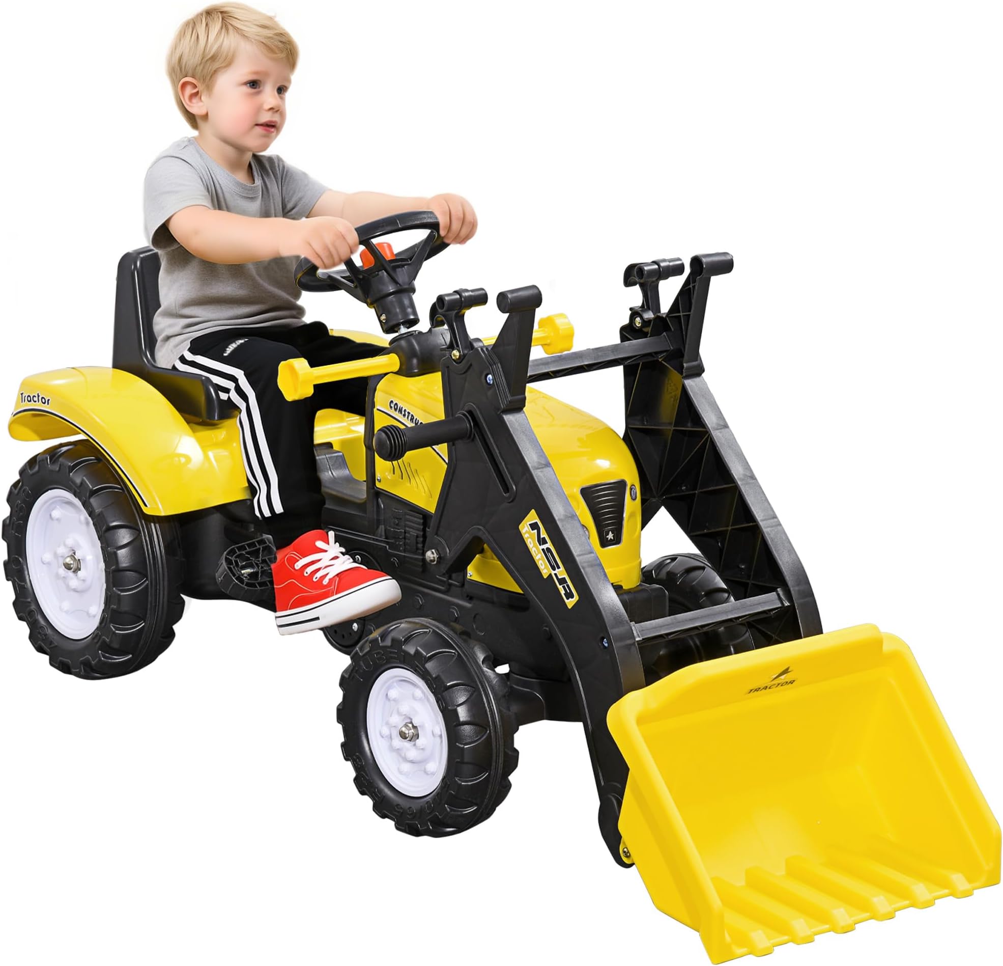 Aosom Kids Manual Pedal Ride-On Excavator with Front Loader Digger, Ride-On Tractor for 3 Year Old, Yellow