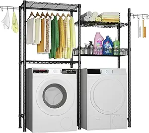 Ulif Clothes Drying Rack, Over Washer and Dryer Laundry Room Bathroom Towel Storage Shelf, Space Saver with Adjustable Shelves, Wire Basket, and Rotatable Hooks, 63.4"L x 13.4"D x 76.7"H, Black