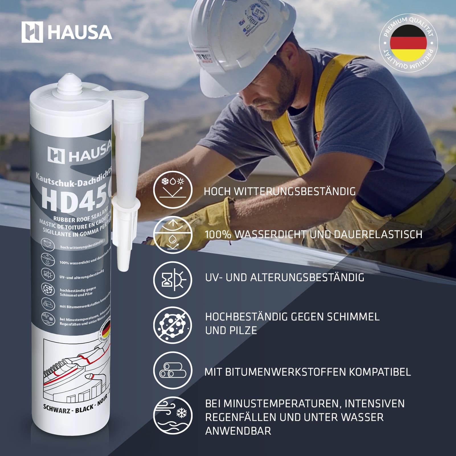 Hausa Kautschuk Dachdichtstoff HD450 Schwarz 6x 300ml dauerelastische Dichmasse & Kleber für Dach Dachrinnen Trapezblech Dachfolien Dachbahnen, wetterfest, kompatibel mit Bitumenwerkstoffen