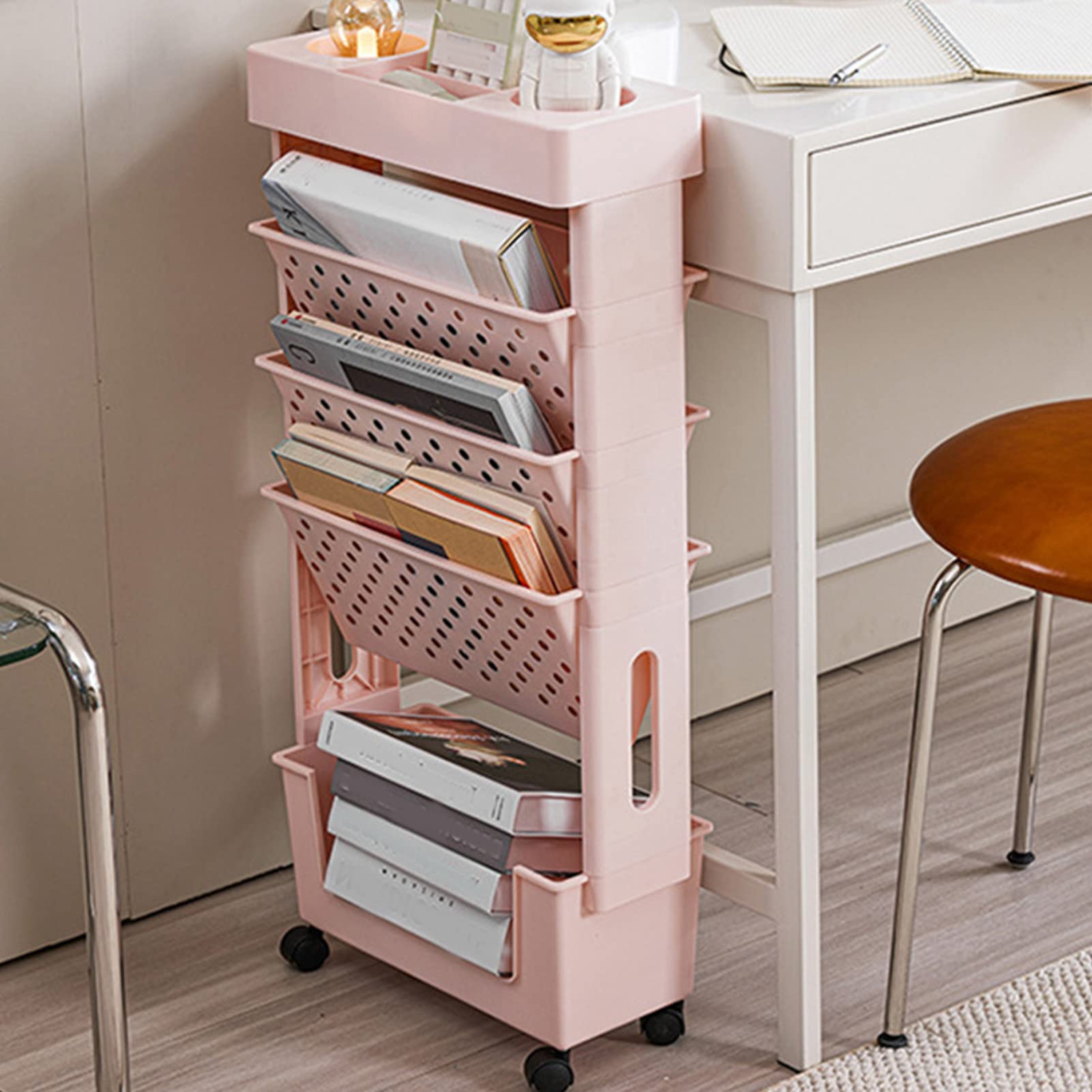 Pssopp Servierwagen Küchenwagen Kinder Bücherregal Wand Regal Allzweckwagen Regal auf Rollen für Küche, Schlafzimmer, Büro (Rosa)