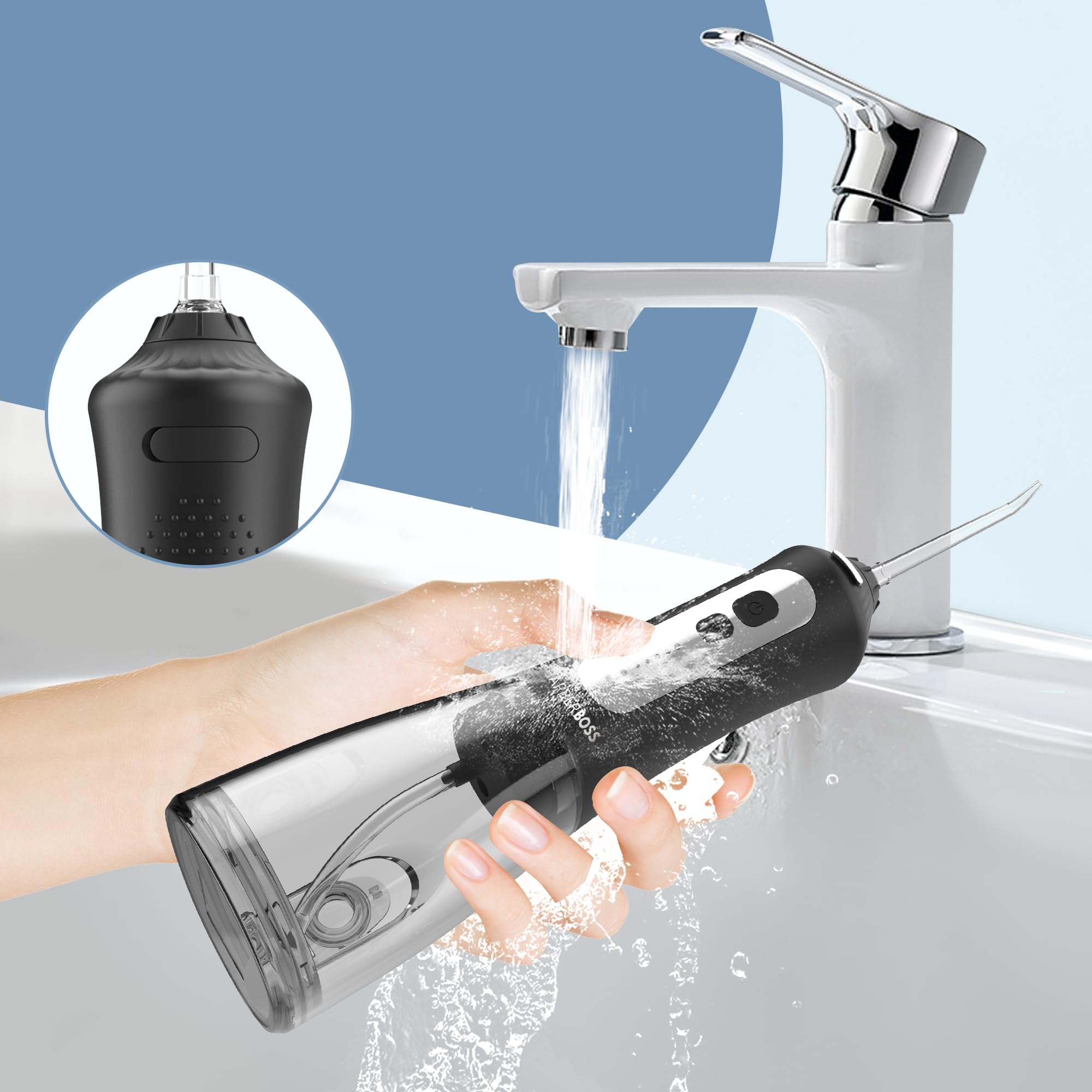 BarberBoss kabellose Munddusche IPX7 wasserdicht 5 Modi 6 Düsen LED-Display wiederaufladbar schwarz