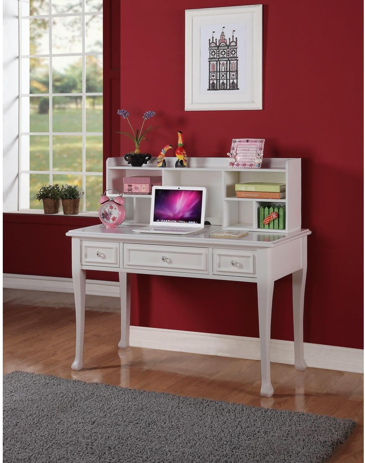 Maykoosh White Desk with Hutch & 3 Drawers - 52" Desk with Shelves - Home Office Computer Desk