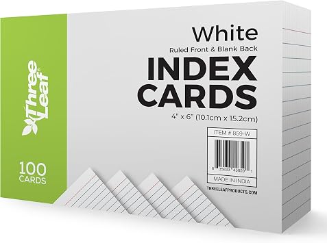 THREE LEAF 4 X 6, INDEX CARDS RULED, 100 CT. WHITE, Ruled Flash Cards, Study Card, Memo Pad, For To-Do List, Art And Craft Projects