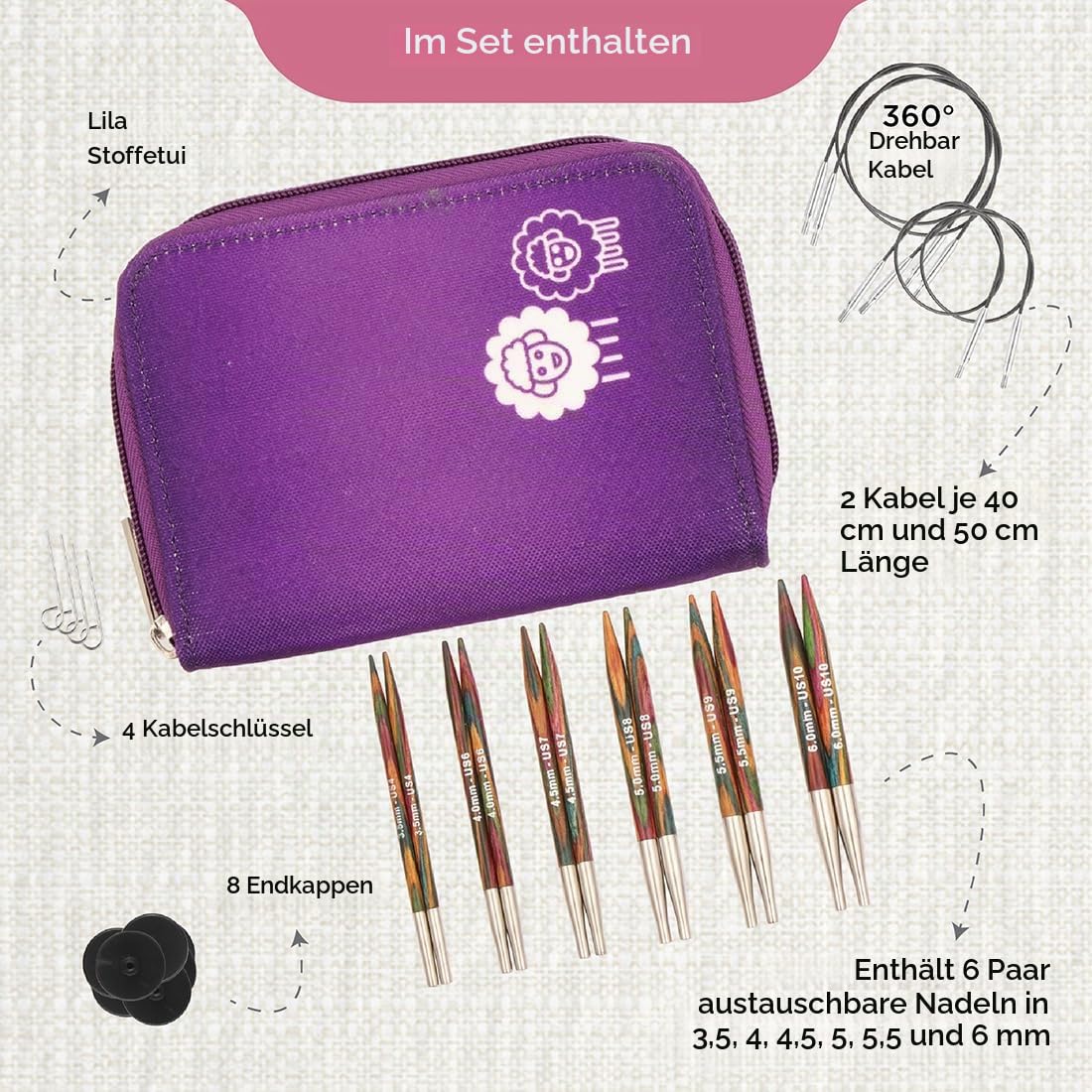 KnitPro Symfonie Deluxe Austauschbare Nadelspitzen Set 4" (10cm) | 6 Größen (3mm bis 6mm)