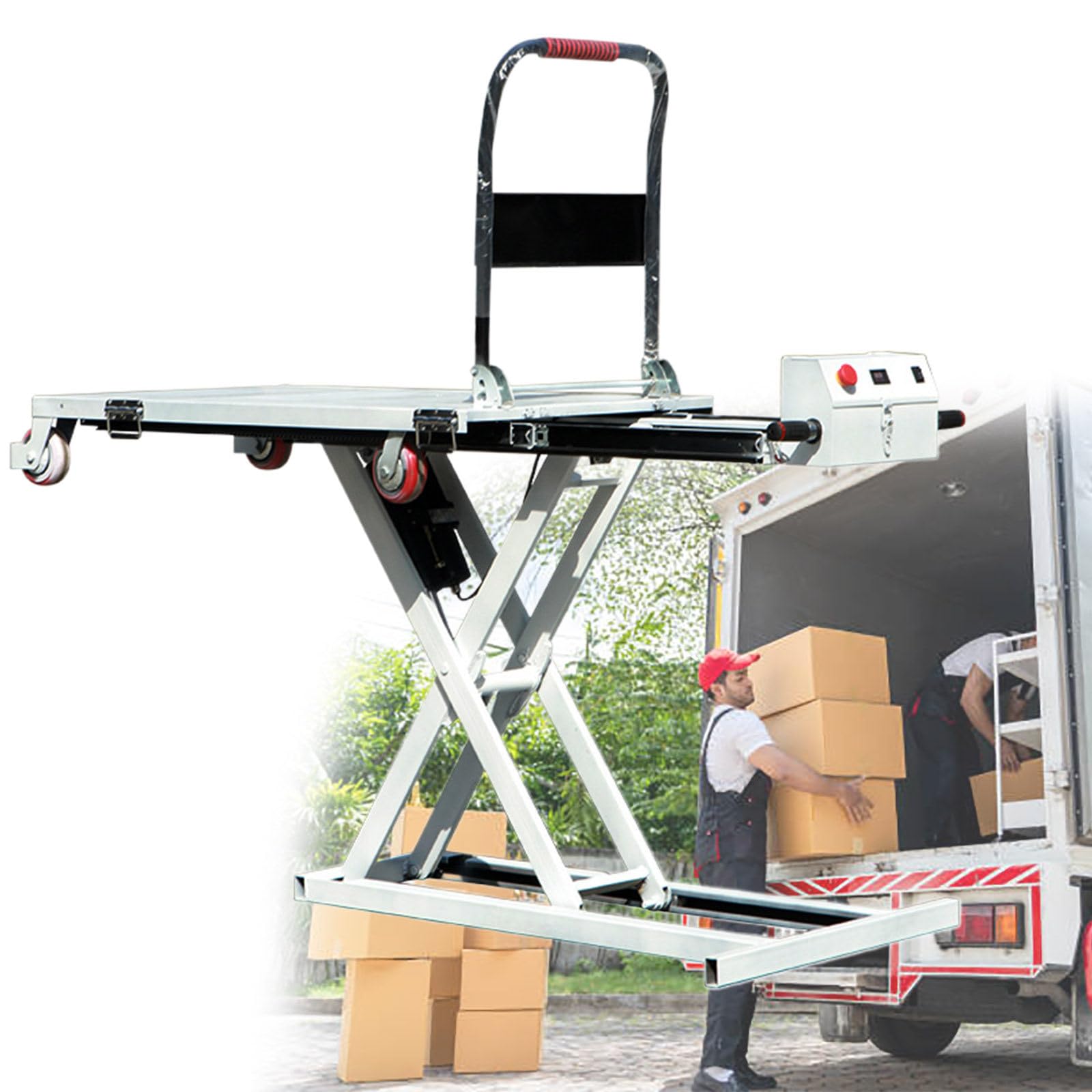 Elektryczny stół podnośnikowy nożycowy z 4 kółkami, nośność 270 kg, wysokość podnoszenia 102 cm, do użytku w magazynie i warsztacie