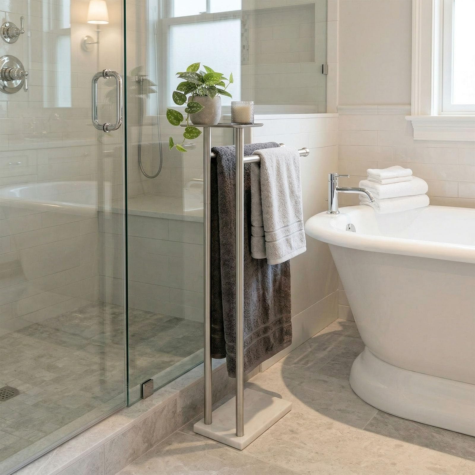 Songtec Toallero para baño, soporte para toallas de baño de 2 niveles para toallas de baño de máximo a 68 pulgadas, práctico estante en la parte superior
