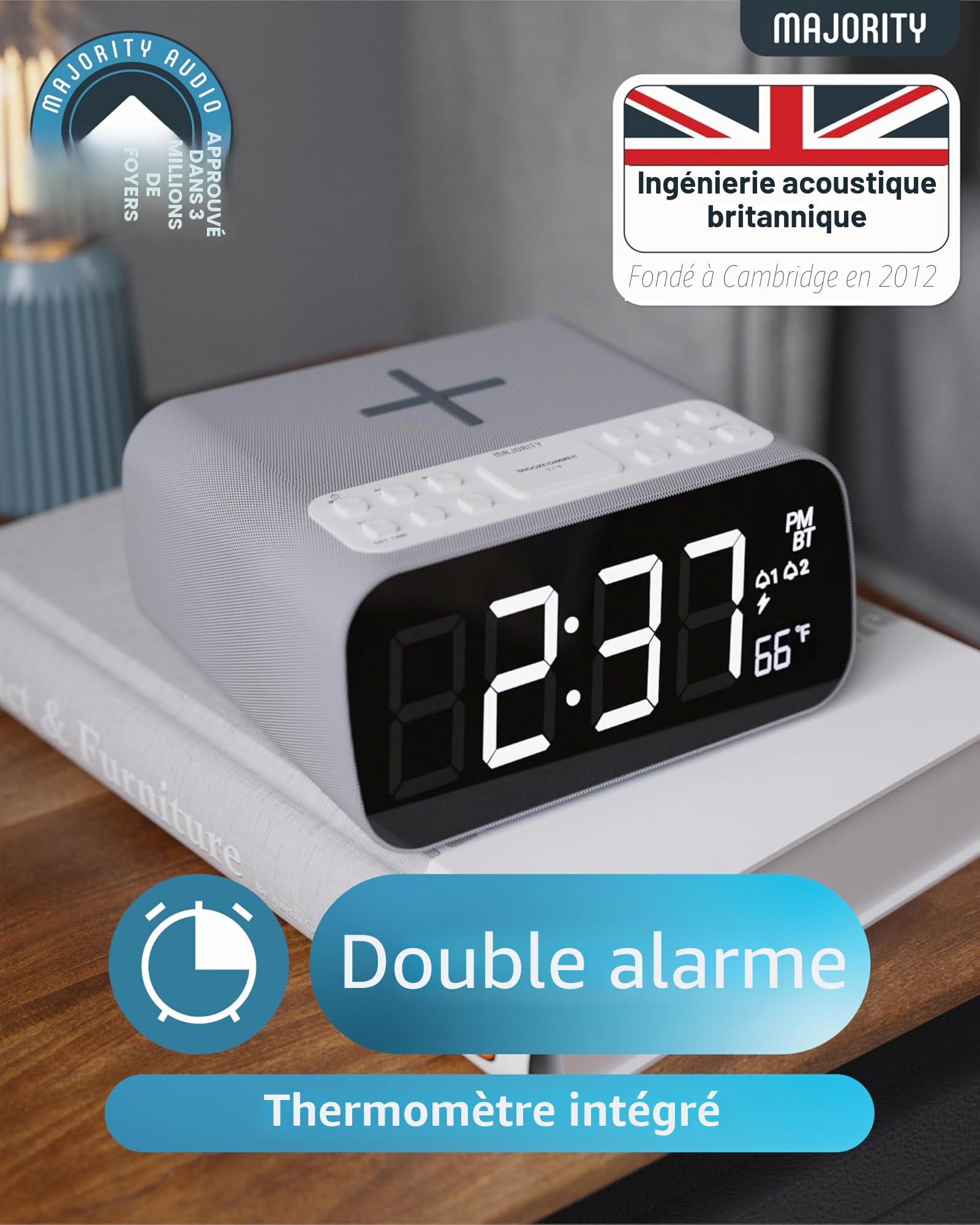 Majority Darwin Radio et Radio-Réveil avec Chargement sans Fil | Réveil Matin avec Thermomètre | Haut-parleurs 12W Alarm Clock | Enceinte Bluetooth Grand Écran Dimmable