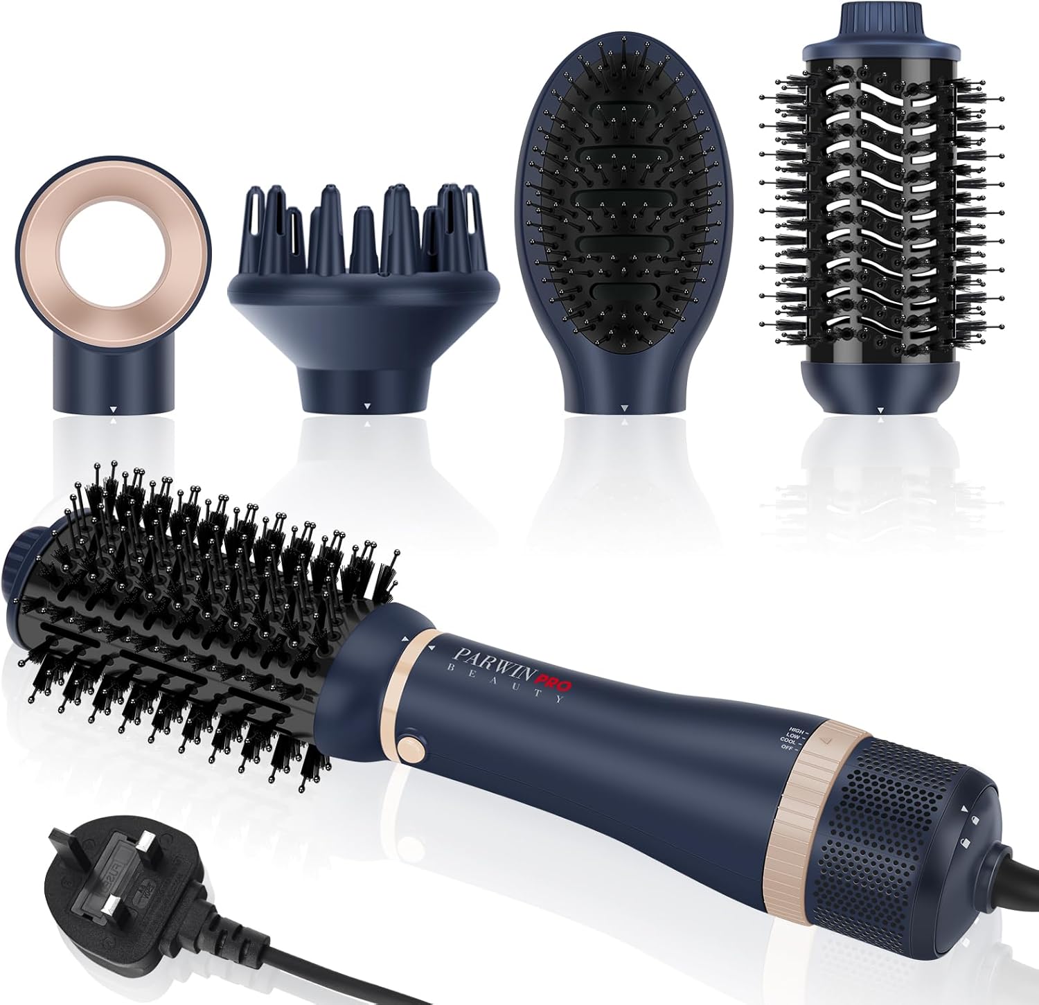 4 in 1 Hairdryer Hot Air Brush Set, PARWIN PRO BEAUTY Styler Set, Hairdryer Brush with 4 Attachments for Drying, Smoothing, Volume and Styling, Ion Care, 1000 Watts, Prussian Blue