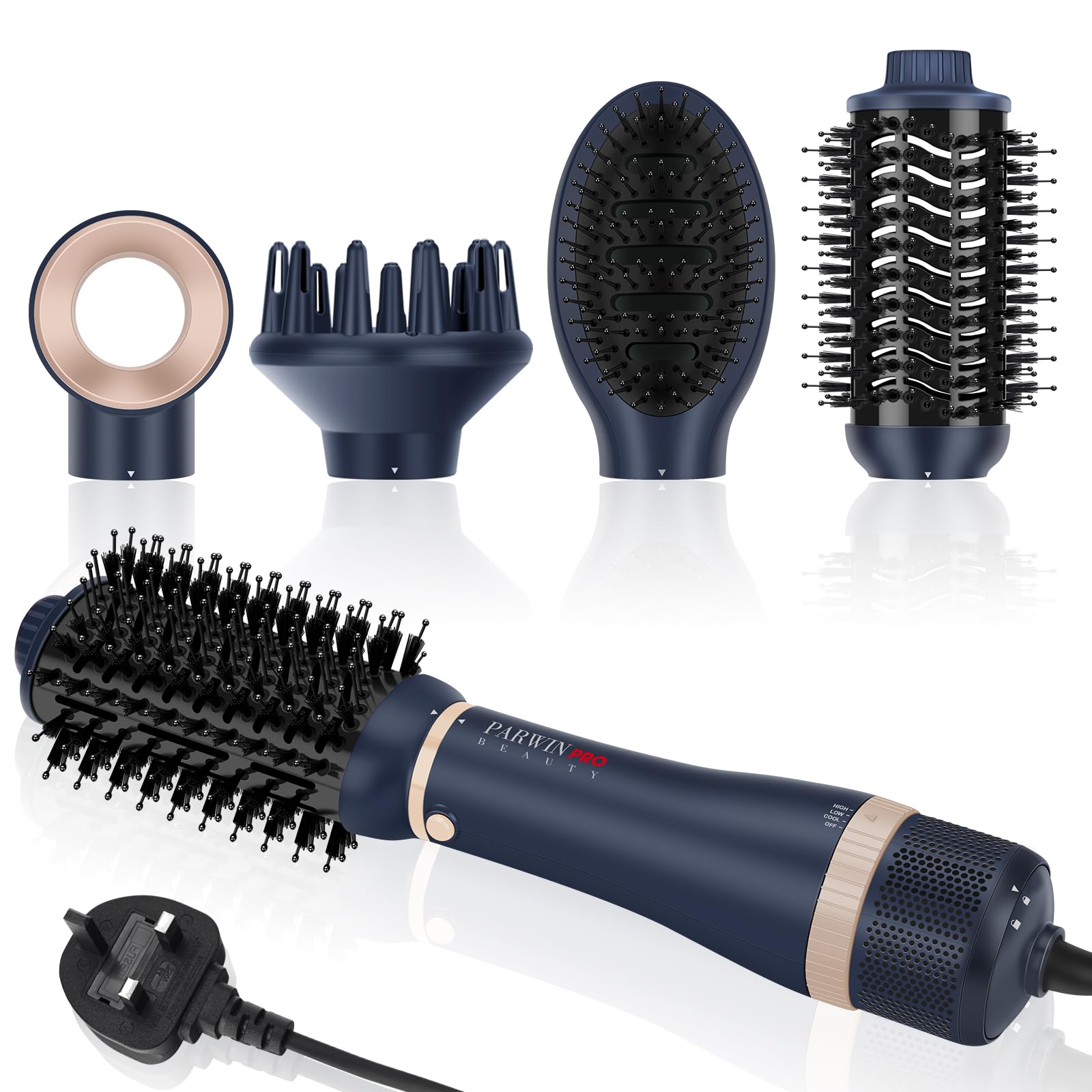 4 in 1 Hairdryer Hot Air Brush Set, PARWIN PRO BEAUTY Styler Set, Hairdryer Brush with 4 Attachments for Drying, Smoothing, Volume and Styling, Ion Care, 1000 Watts, Prussian Blue