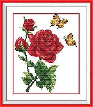 11CT Pre-Printed Die Cut DIY Cross Stitch Kit Complete Range of Beginner Starter Kits - Butterflies on Flowers 33x38cm
