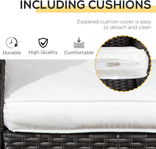 Miniatura 3 de Outsunny Juego de muebles de mimbre para exteriores de 3 piezas, juego de muebles de ratán con mesa de centro de cristal y sillas de porche