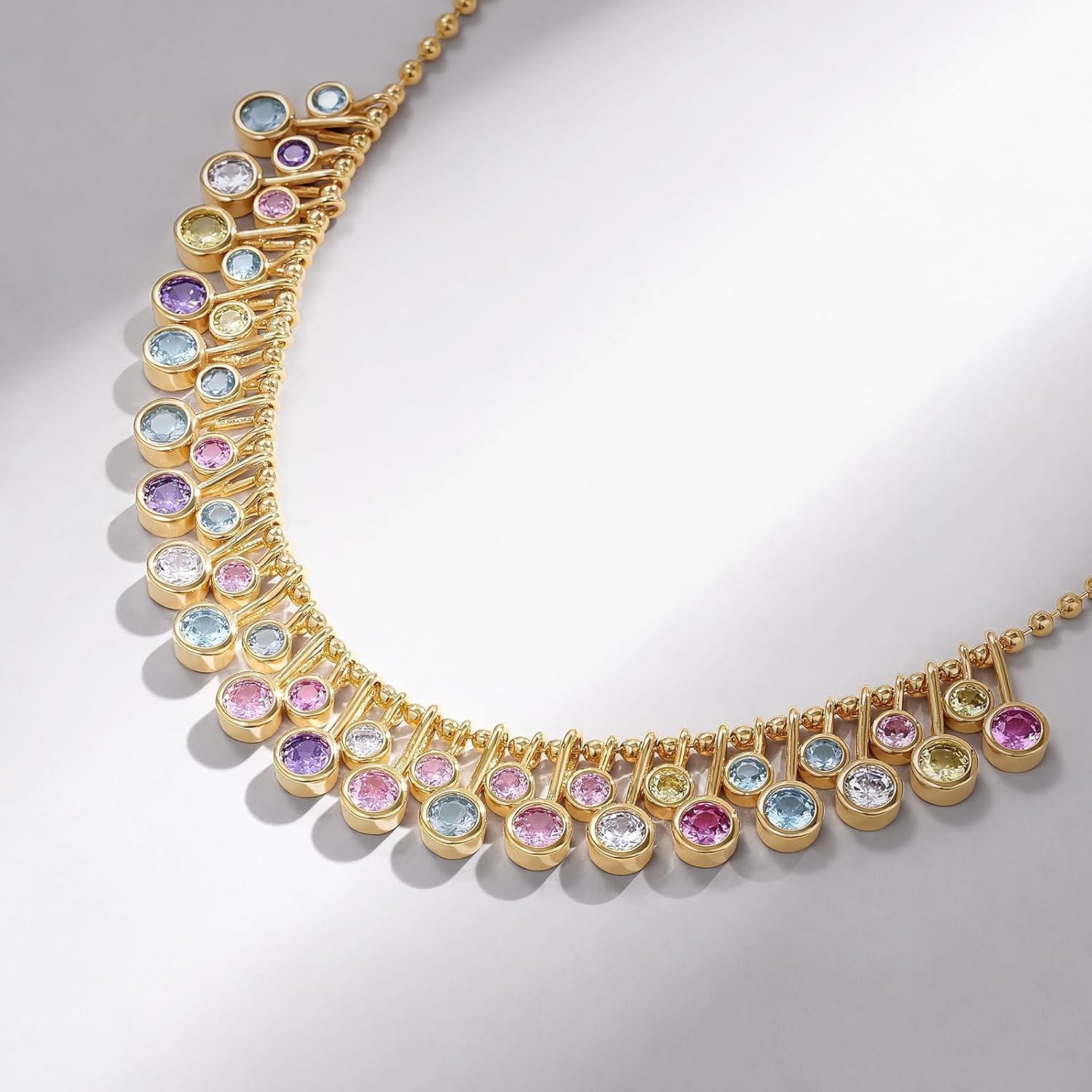 KissYan Cubic Zirconia Charm Necklace for Women, 14K Gold Plated Beaded Chain Rainbow White CZ Necklaces Dainty Elegant Jewelry Gift