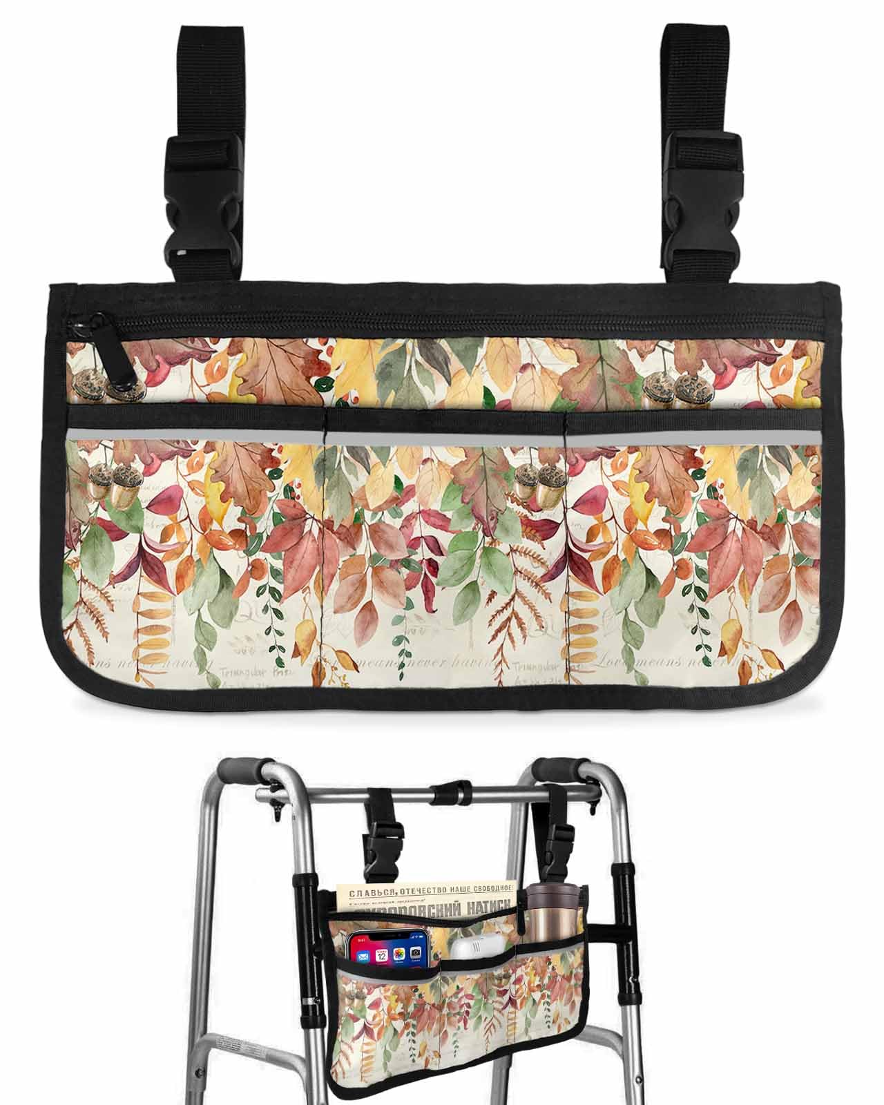 Anzona Fall Botanical Wheelchair Side Bag Walker Bag, Autumn Vintage Eucalyptus Leaves Wheelchair Accessories Armrest Pouch, Organizer Storage Bag for Walkers, Rollators, Scooters, 7.3''x13''